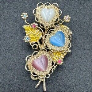 Vintage KC Kenneth Cole Signed Moonstone Heart Brooch in a Bouquet Shape